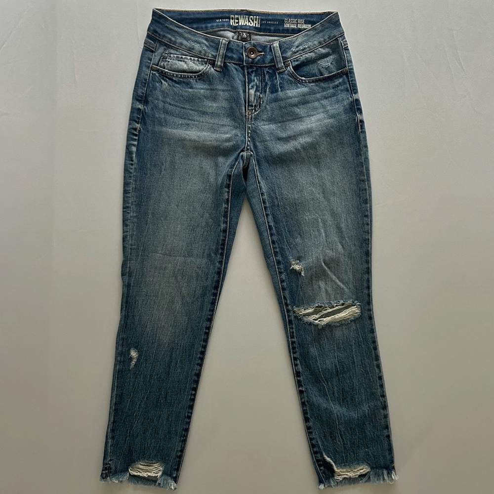 Rewash Classic Rise Raw Hem Distressed Slim Straight Jeans Medium Wash Size 1/25